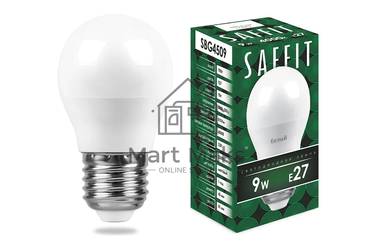 Лампа светодиодная SAFFIT SBG4509 (55083) 9 вт Е27 белый матовый шар