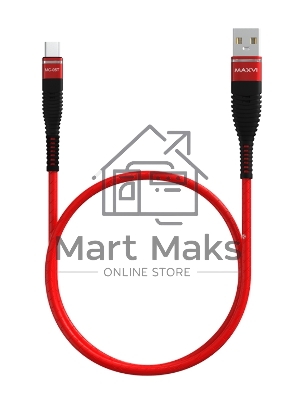 Кабель Maxvi MC-05T red USB-A - Type-C, 2A ток макс. нагрузки 2А, макс. напряжение 5V; стандарт USB 2.0; длина 1м, оплетка TPU, металлические корпуса разъемов, цвет красный