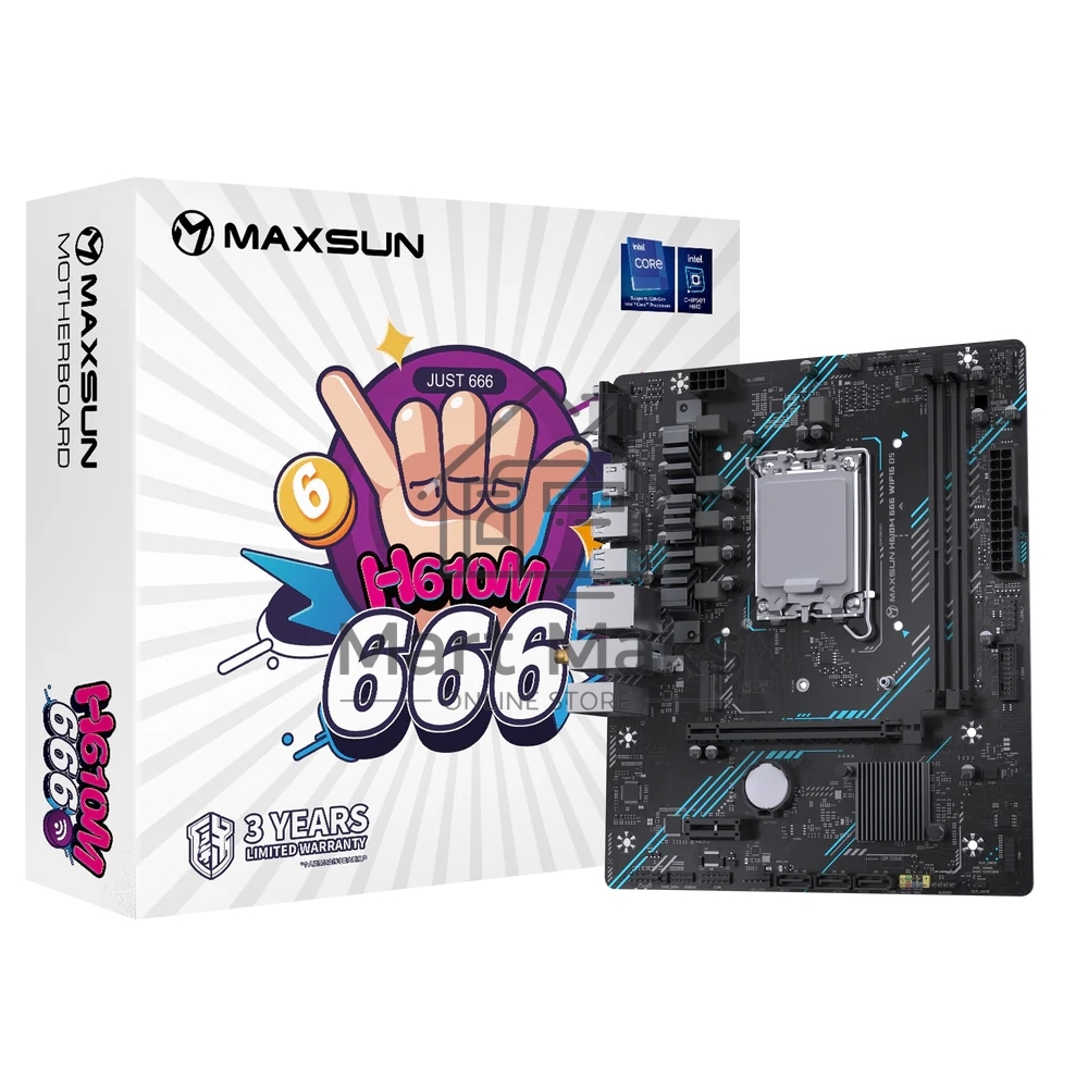 Материнская плата Maxsun H610M 666 WIFI6 D5, LGA 1700, Intel H610, 2xDDR5, 4xSATA, 1xM.2, 1xPCI-E 4.0 x16, 1xPCI-E x1, 1xHDMI, 1xDP, 1x 1Gb LAN, 3xUSB 2.0, 4xUSB 3.0, 5.1, mATX