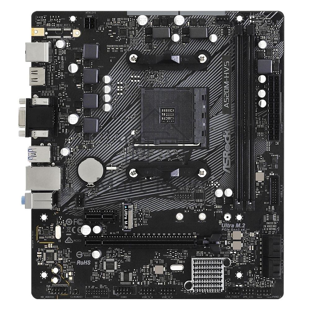 Материнская плата ASRock A520M-HVS, AM4, AMD A520, 2xDDR4, 4xSATA, 1xM.2, 1xPCIe 3.0 x16, 1xPCIe 3.0 x1, 1xHDMI, 1xVGA, 1x 1Gb LAN, 3x3.5 мм, 7.1, mATX