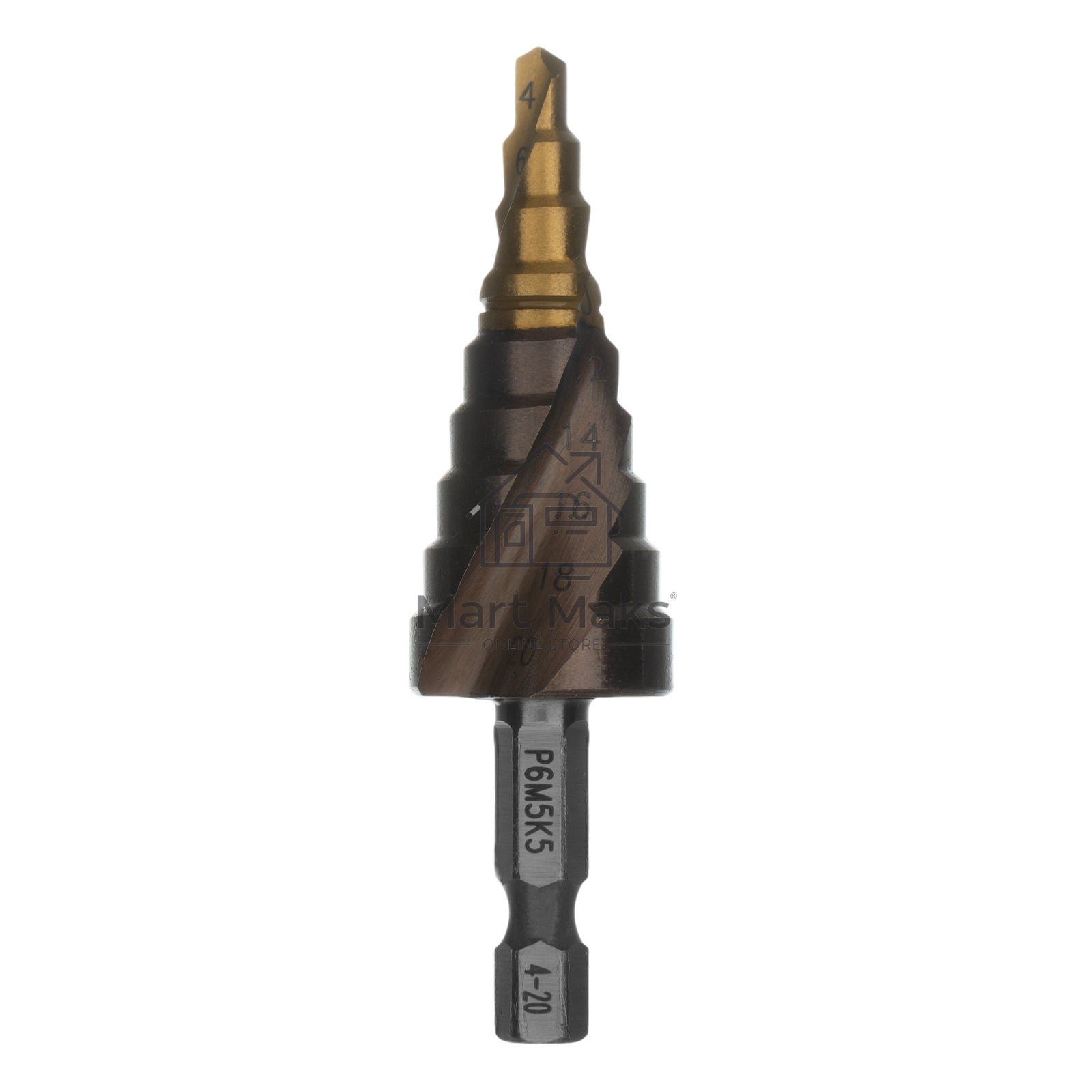 Сверло ступенчатое Denzel 4-6-8-10-12-14-16-18-20 мм, Р6М5К5, 6-гр. хвостовик 723613