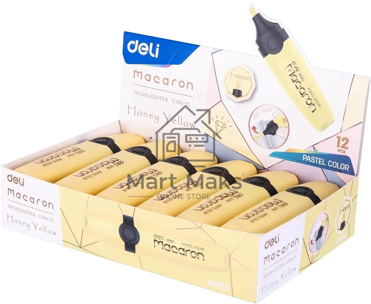 Текстовыделитель Deli EU356-YL Macaron, скошенный пишущий наконечник, 1-5мм, желтый пастельный