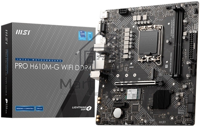 Материнская плата MSI PRO H610M-G WIFI DDR4, Socket LGA 1700, Intel H610, 2xDDR4, 4xSATA, 1xM.2, 1xPCIe 4.0 x16, 1xPCIe 3.0 x1, 1xHDMI, 1xDP, 1xVGA, 1x 1Gb LAN, 4xUSB-A 2.0, 2xUSB-A 5Gbps, 3x3.5 мм, 7.1, mATX Материнская плата MSI PRO H610M-G WIFI DDR4, Socket LGA 1700, Intel H610, 2xDDR4, 4xSATA, 1xM.2, 1xPCIe 4.0 x16, 1xPCIe 3.0 x1, 1xHDMI, 1xDP, 1xVGA, 1x 1Gb LAN, 4xUSB-A 2.0, 2xUSB-A 5Gbps, 3x3.5 мм, 7.1, mATX