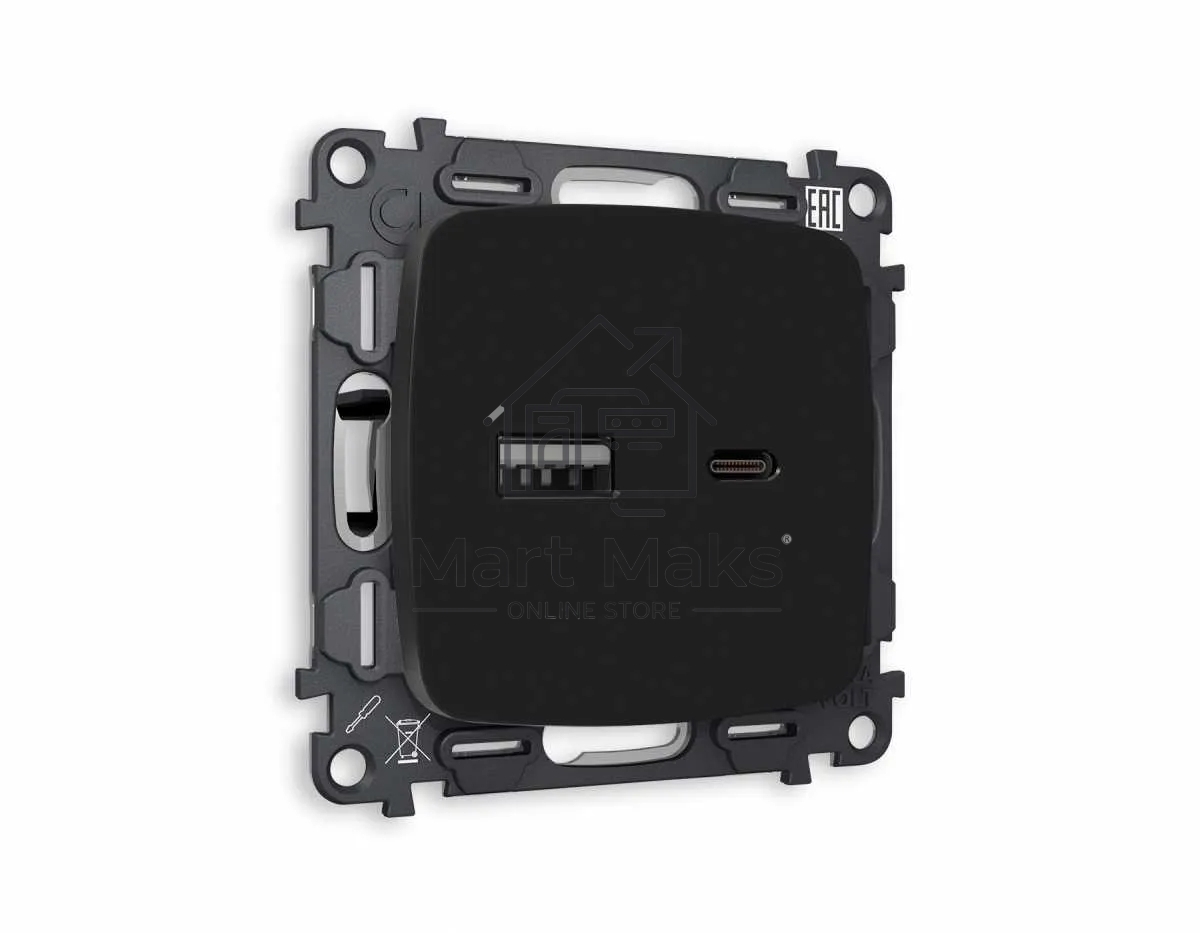 Комплект механизма розетки OMEGA Черный матовый 2USB A+C 20W (быстрая зарядка) QUANT (OP8110, VM177) MO811010