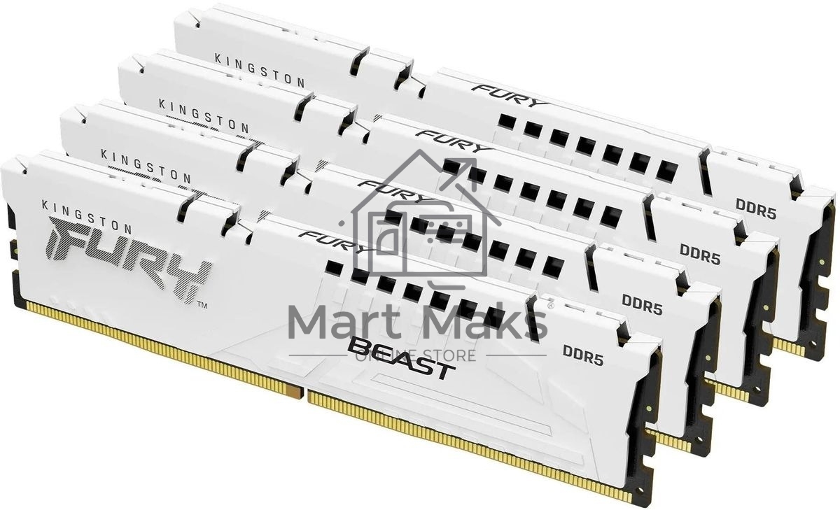 Оперативная память Kingston Fury Beast, DDR5, 128Gb (4x32GB), 5200MHz, CL40, DIMM, радиатор, белый