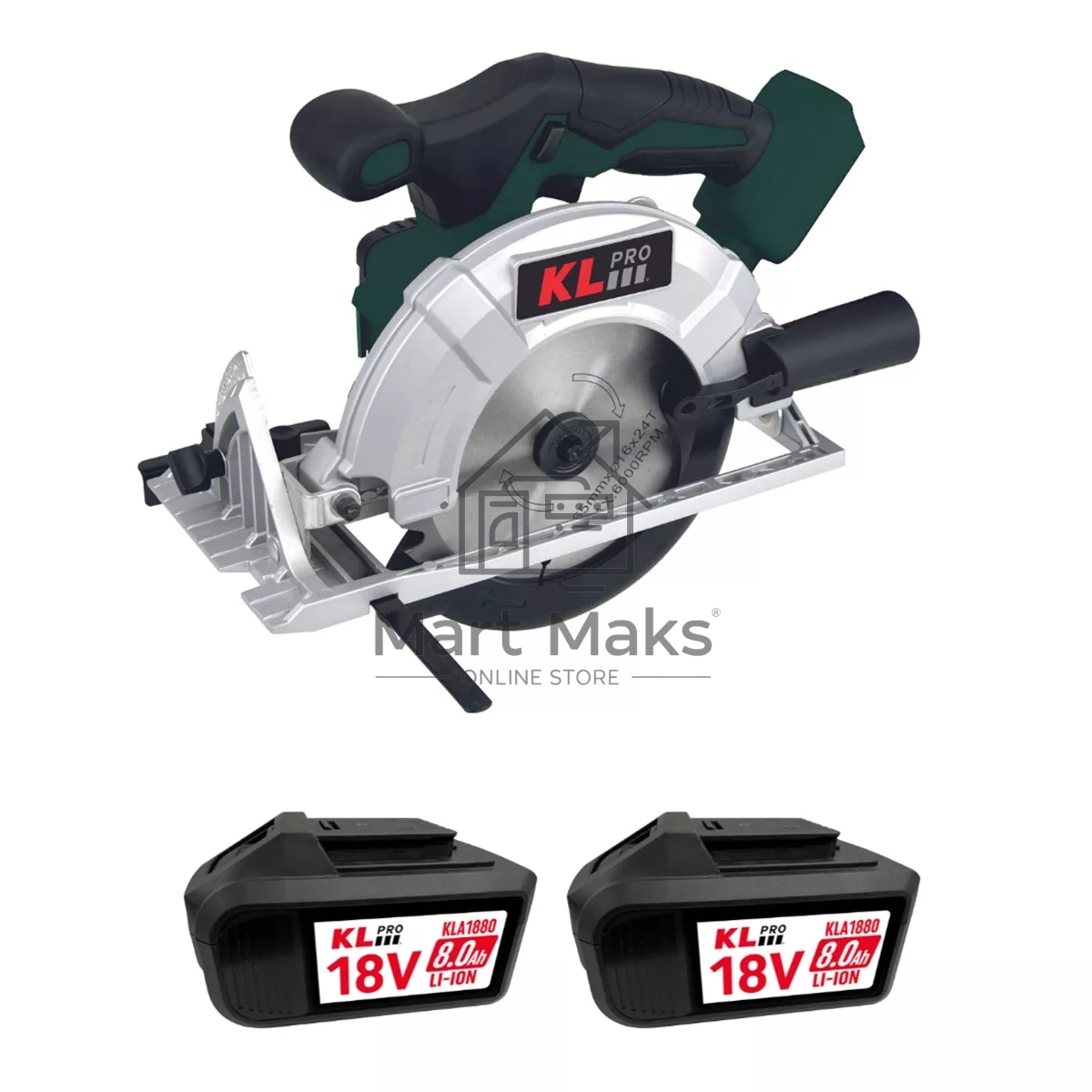 Профессиональная пила циркулярная бесщеточная KLPRO KLDAT18B-80 (18 В / 8,0 А·ч, 3650 об/мин, 165мм)