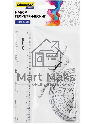 Набор линеек Silwerhof Color, пластик, прозрачный, в комплекте: линейка 15см / угольник 30х11см / угольник 45х8см / транспортир 180