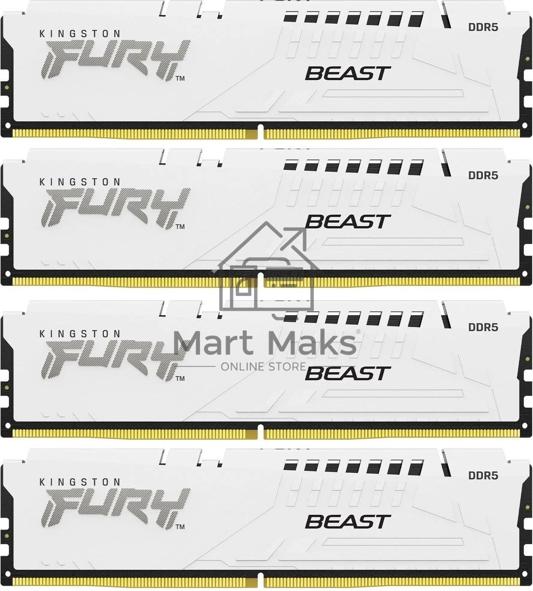 Оперативная память Kingston Fury Beast, DDR5, 128Gb (4x32GB), 5200MHz, CL40, DIMM, радиатор, белый