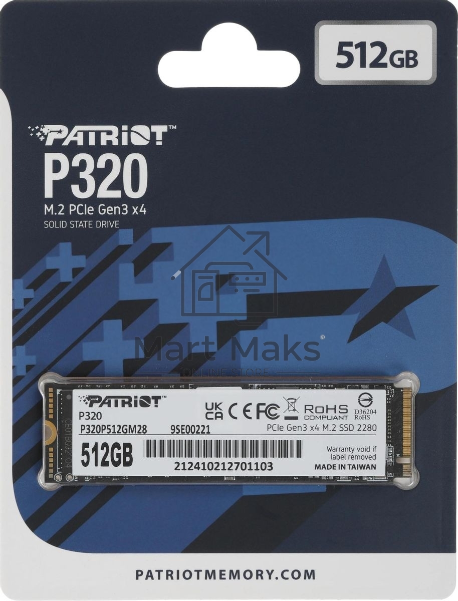 Накопитель SSD Patriot P320, 512GB, PCIe 3.0 x4, M.2 2280, NVMe, R/W 3000/2200