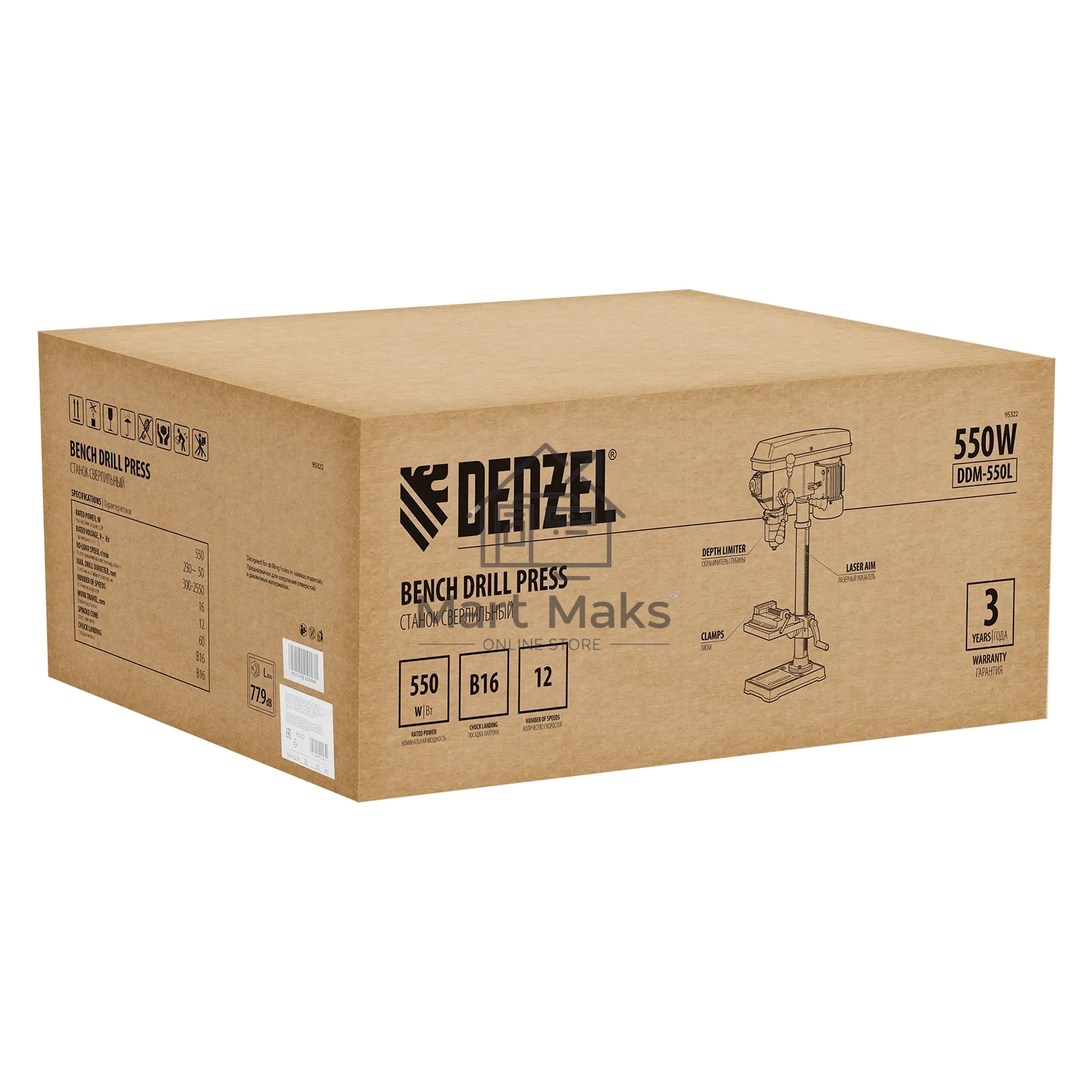 Станок сверлильный Denzel DDM-550L, 550 Вт, 16 мм, 12 ск., лазер, настольный