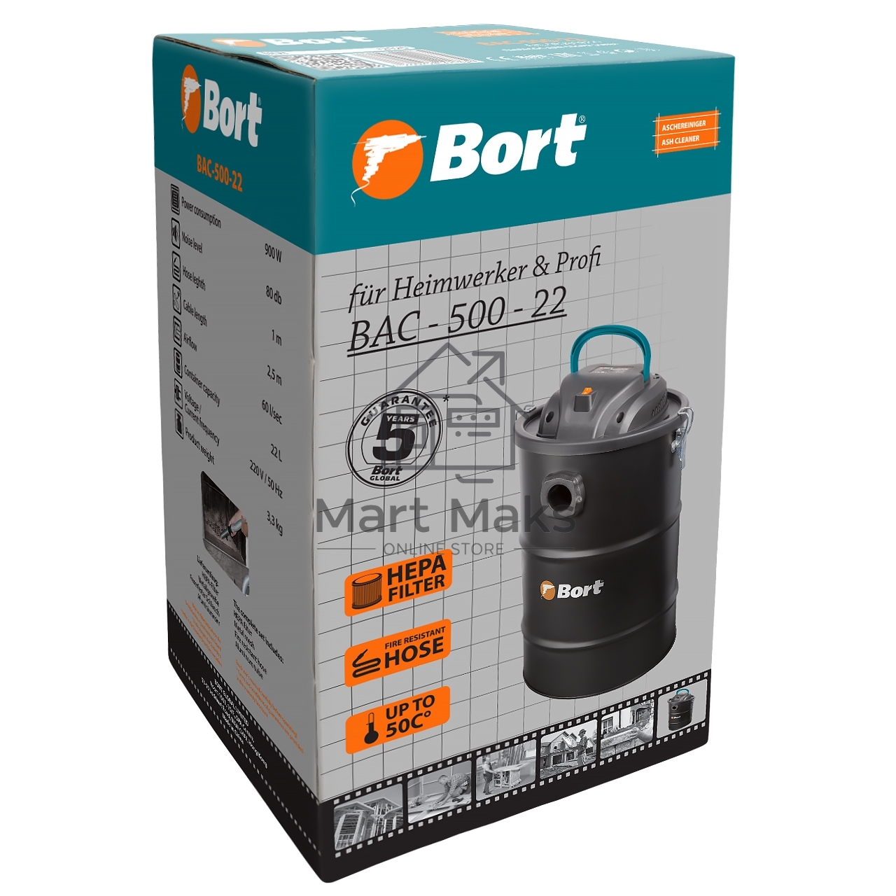 Пылесос для сбора золы Bort BAC-500-22 (98291834) черный, 900 Вт, уборка сухая/ влажная, пылесборник контейнер, 22 л