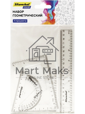 Набор линеек Silwerhof Color, пластик, прозрачный, в комплекте: линейка 20см / угольник 30х14см / угольник 45х10см / транспортир 180