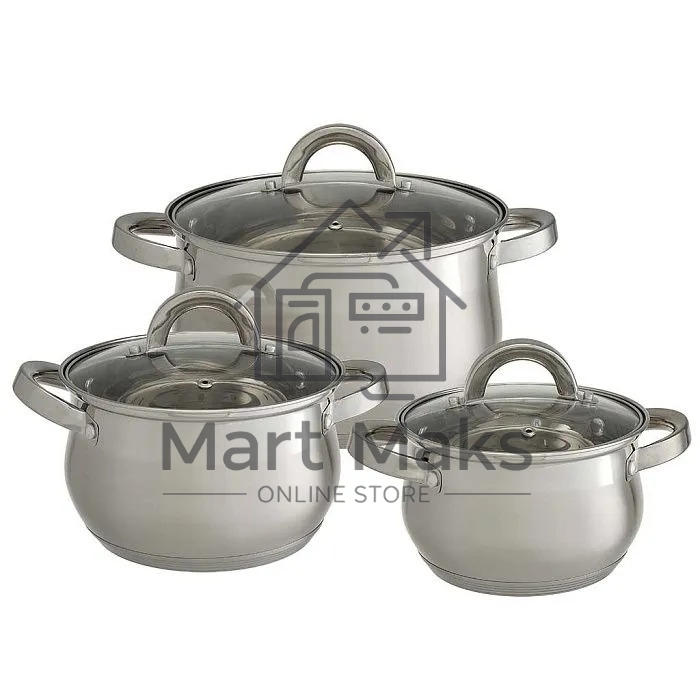 Набор посуды WEBBER BE-616/6 из нерж.стали 6 пр. 2,1 л, 2,9 л, 3,9 л со стеклянными крышками В наборе 6 предметов: кастрюля со стеклянной крышкой 16х10,5 см; 2,1 л кастрюля со стеклянной крышкой 18х11,5 см; 2,9 л кастрюля со стеклянной крышкой 20х12,5см; 