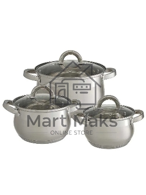 Набор посуды WEBBER BE-616/6 из нерж.стали 6 пр. 2,1 л, 2,9 л, 3,9 л со стеклянными крышками В наборе 6 предметов: кастрюля со стеклянной крышкой 16х10,5 см; 2,1 л кастрюля со стеклянной крышкой 18х11,5 см; 2,9 л кастрюля со стеклянной крышкой 20х12,5см; 