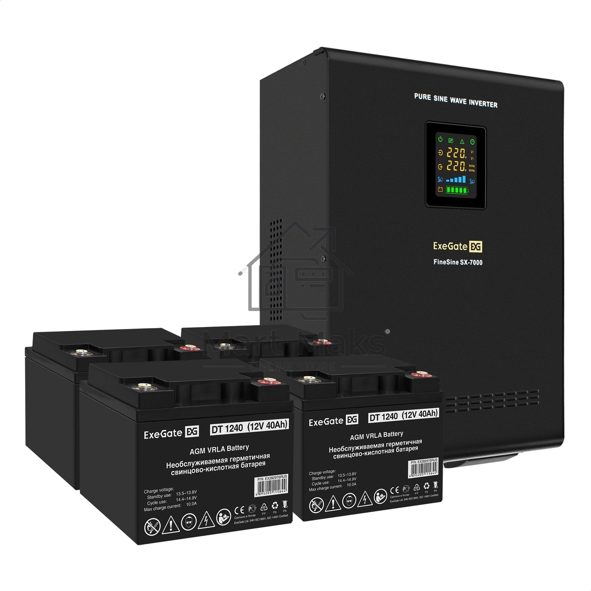 Комплект источника бесперебойного питания Exegate EX296005RUS + батарея 40Aч EX282976RUS 4шт (инвертор, синус, для котла, настенный) ExeGate FineSine SX-7000.LCD.AVR.2SH.T <7000VA/5000W, чистая синусоида, цветной LCD-дисплей, AVR, 2*Schuko+клеммы, линейно