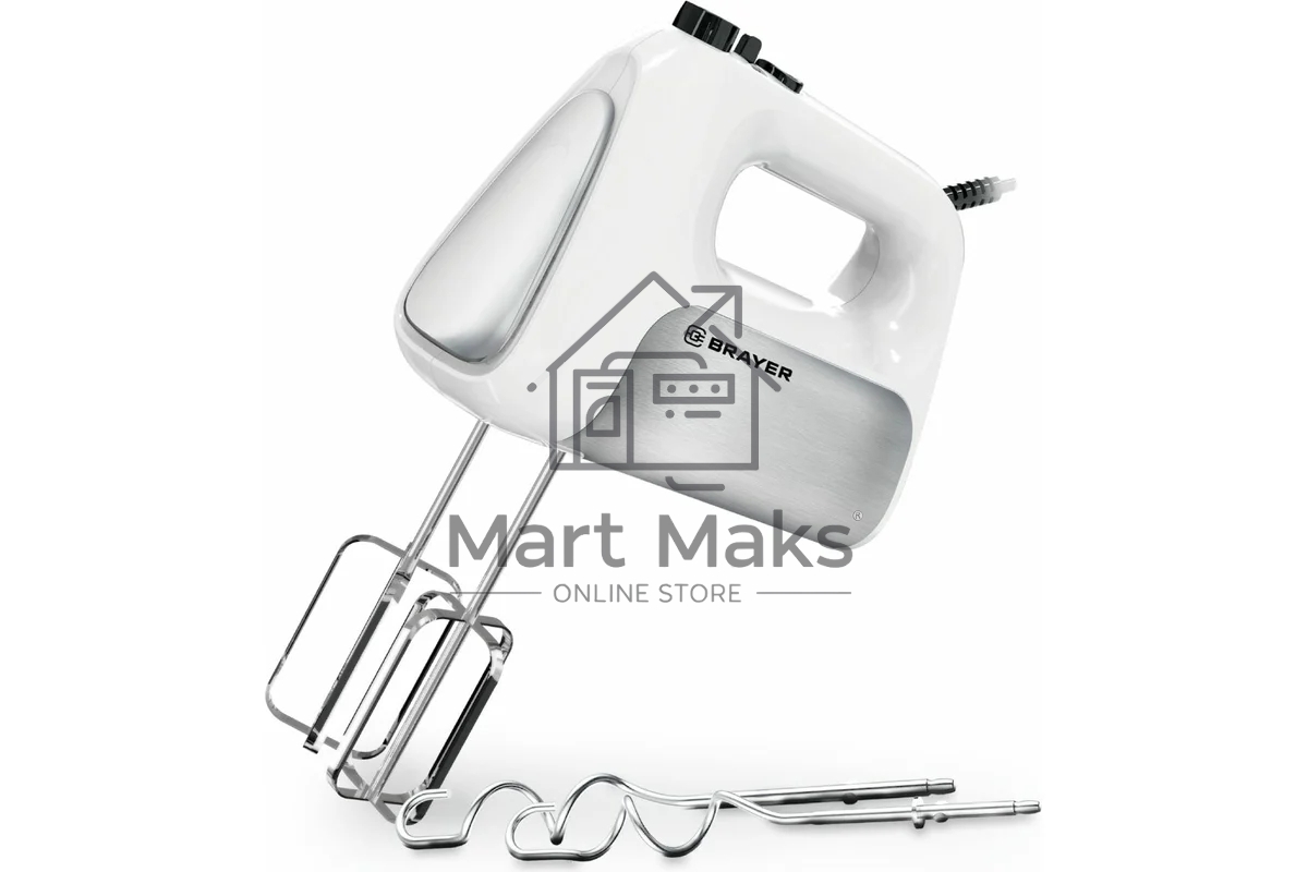 Миксер BRAYER BR1303, 500  Вт, корп.из нерж.стали, 5 режимов, 2 крюка, 2 венчика