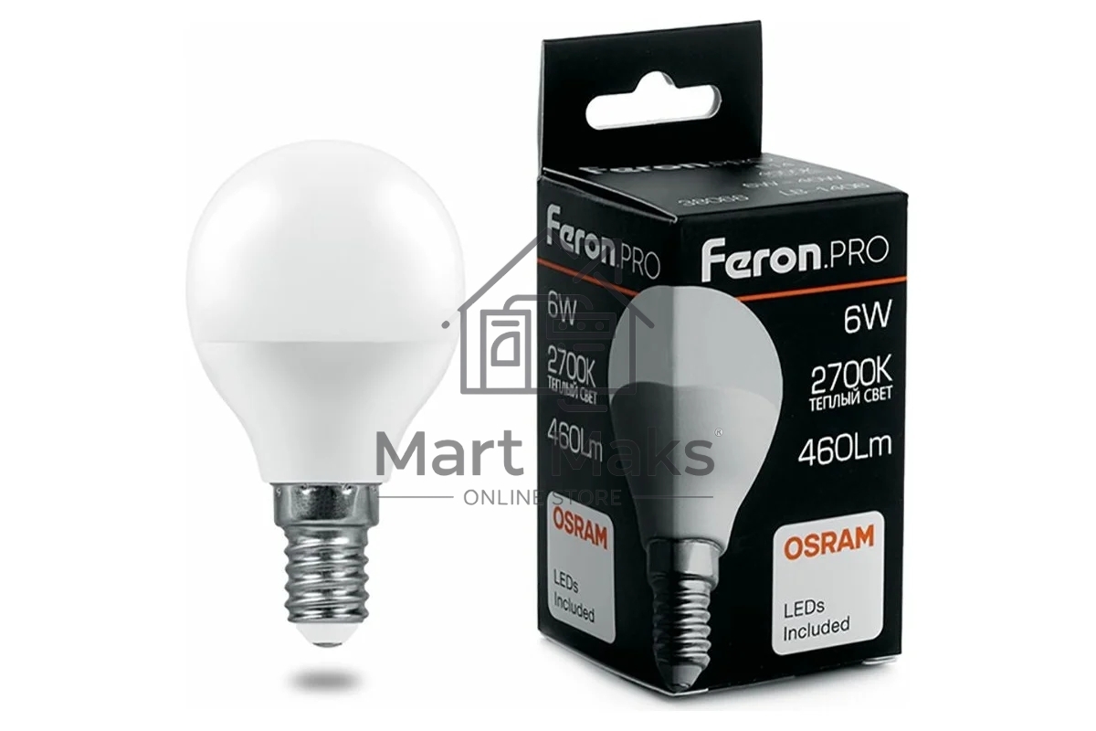 Лампа светодиодная FERON PRO LB-1406 (38065) шарик E14 6W 2700K