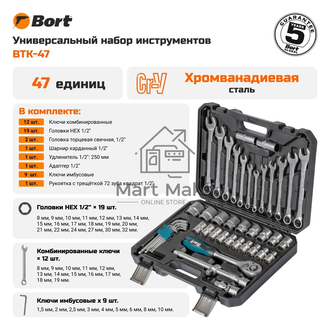 Набор ручного инструмента Bort BTK-47 (93418521)