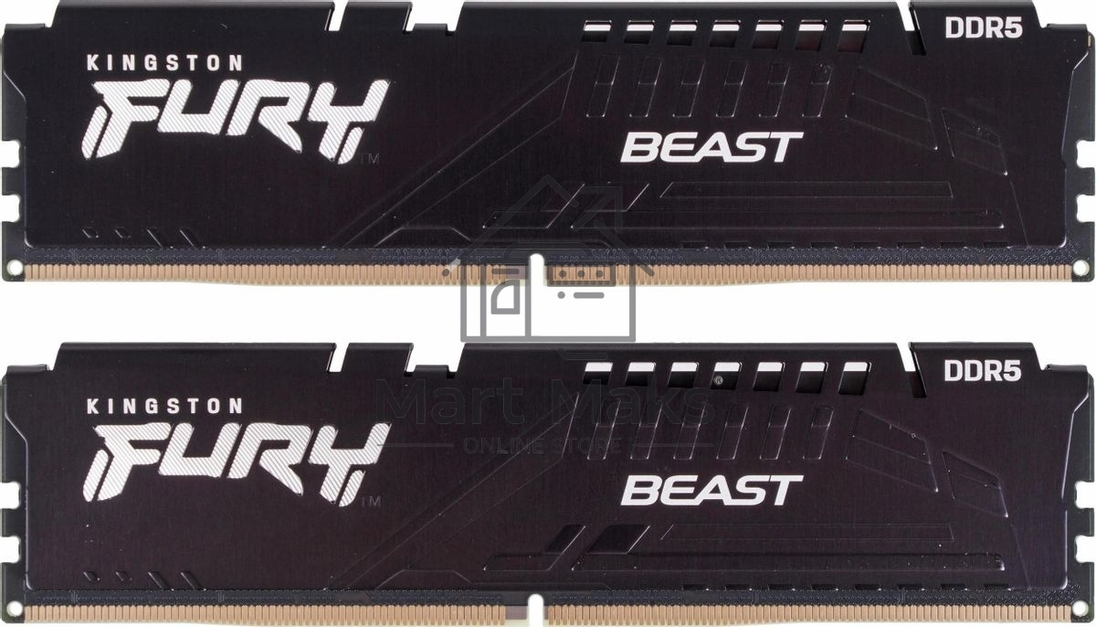 Оперативная память Kingston Fury Beast, DDR5, 32GB (2x16GB), 5200MHz, CL40, DIMM, радиатор, черный