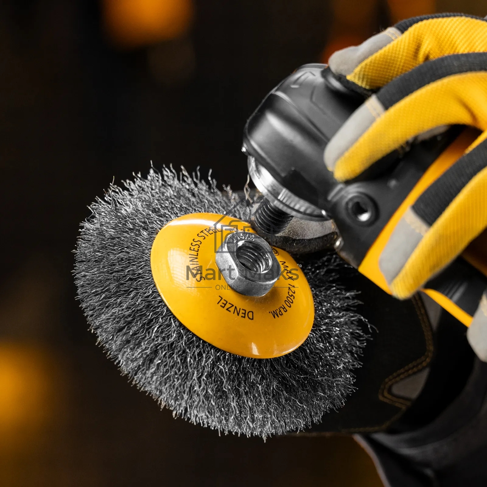 Щетка для УШМ Denzel 125 мм, М14, тарелка, витая нержавеющая проволока 0,3 мм