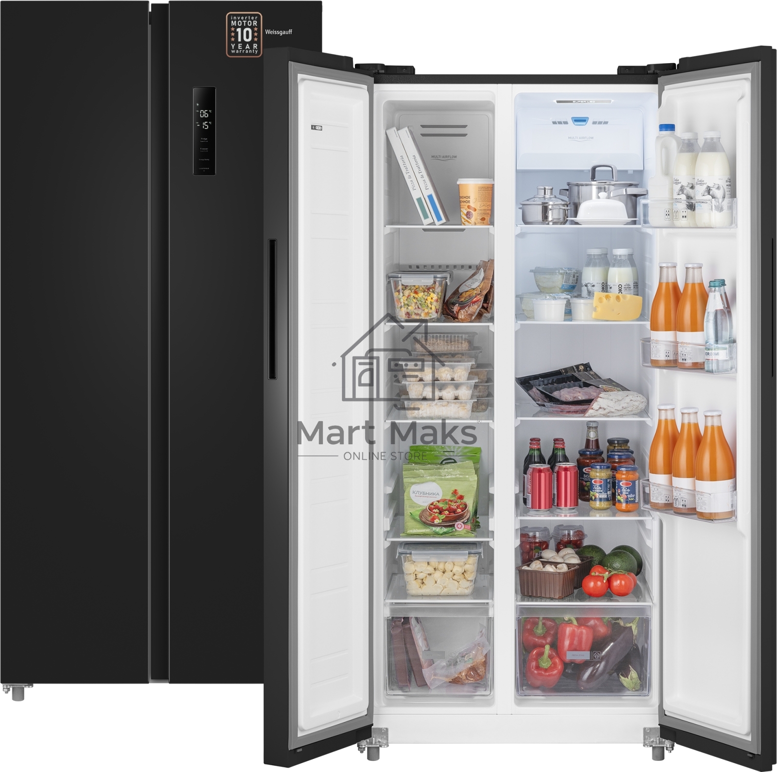 Холодильник Weissgauff WSBS 500 Inverter NoFrost Black двухкамерный 270/180л морозилка слева, No Frost, Side by Side
