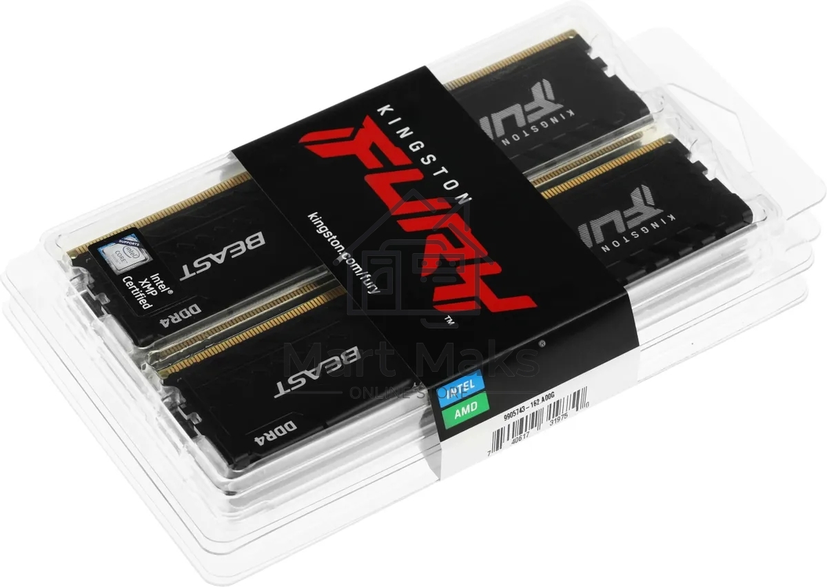 Оперативная память Kingston Fury Beast, DDR4, 64GB (4x16GB), 3600MHz, CL18, DIMM, радиатор, черный