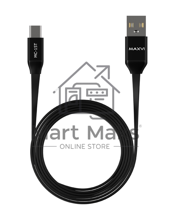 Кабель Maxvi MC-15T black, USB-A - Type-C, 2A ток макс. нагрузки 2А, макс. напряжение 5V; стандарт USB 2.0; плоский кабель, длина 1м, оплетка TPE, металлические корпуса разъемов, цвет черный