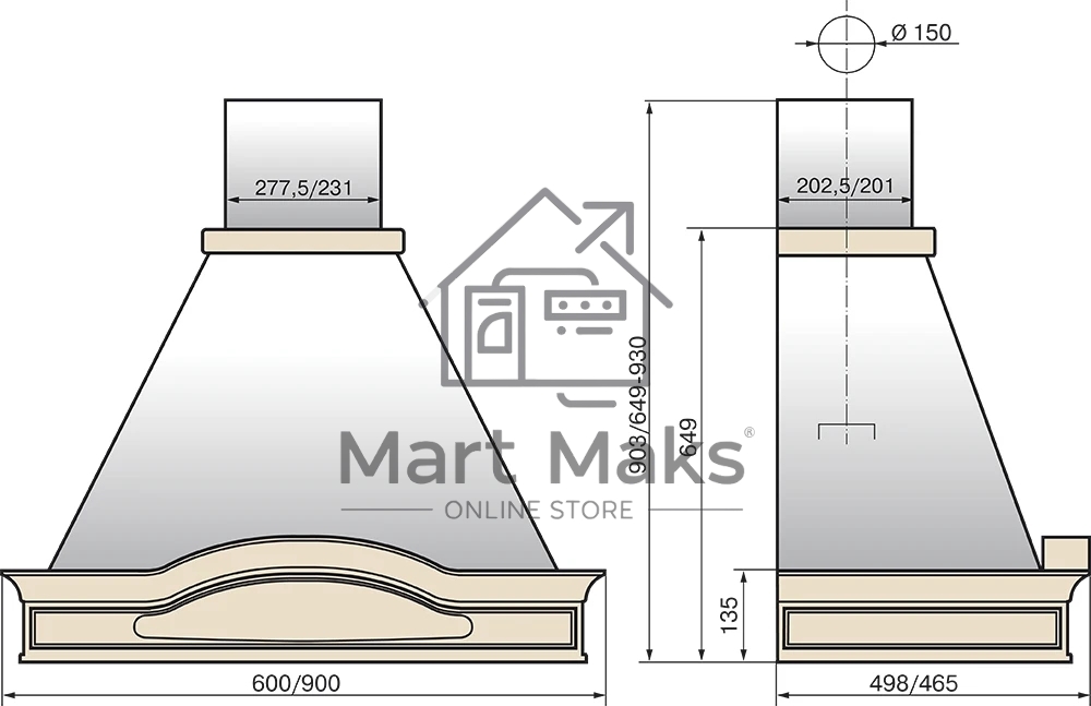 Вытяжка каминная Elikor Вилла Фрукты 90П-650-П3Д бежевый/дуб, 90 см, 650 куб. м/ч, 56 дБ
