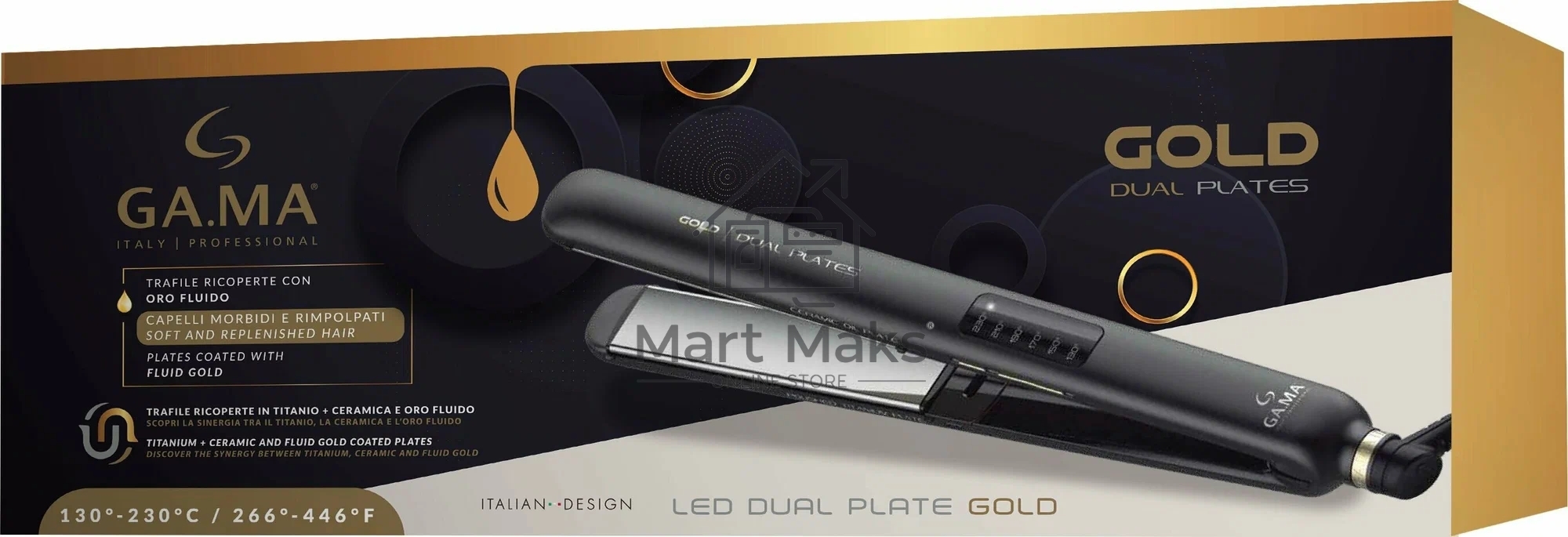 Выпрямитель для волос GA.MA CP14 LED DUAL PLATE GOLD - SY (GI2510) 50 Вт, 130 -230 °С (6 уровней), черный
