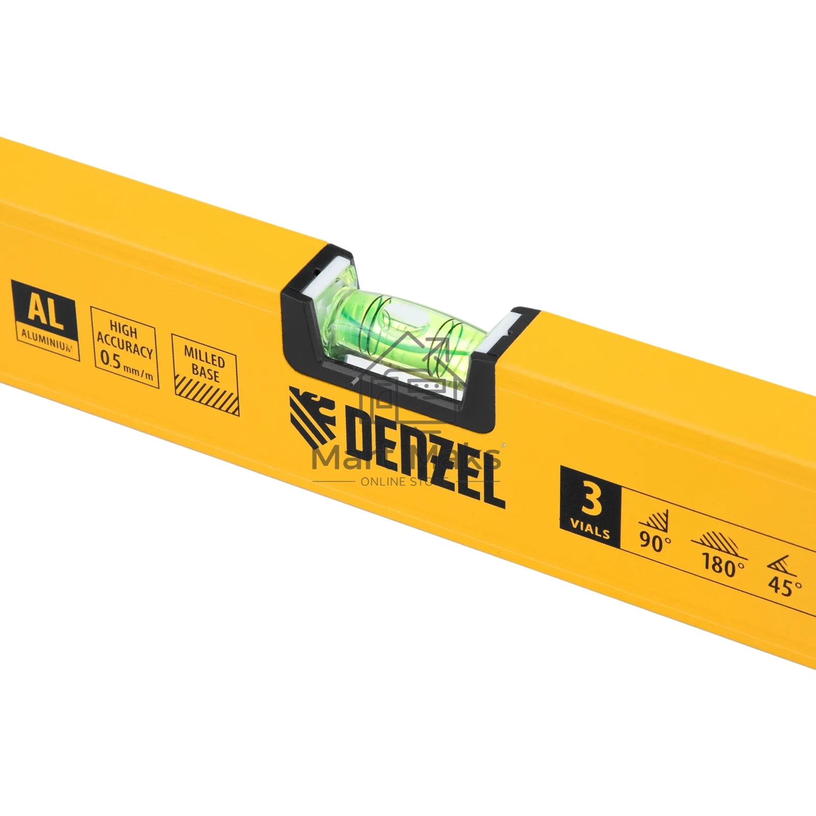 Уровень алюминиевый Denzel, магнит., фрезерованный, 3 глазка (1 зеркал.), 0,5 мм/м, 1200 мм