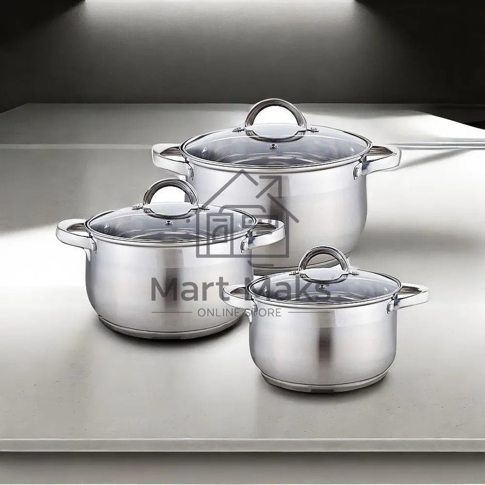 Набор посуды WEBBER BE-616/6 из нерж.стали 6 пр. 2,1 л, 2,9 л, 3,9 л со стеклянными крышками В наборе 6 предметов: кастрюля со стеклянной крышкой 16х10,5 см; 2,1 л кастрюля со стеклянной крышкой 18х11,5 см; 2,9 л кастрюля со стеклянной крышкой 20х12,5см; 