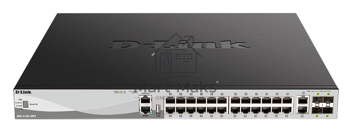 Коммутатор D-Link DGS-3130-30PS/B2A, 24×1 Гбит/с + 2×10 Гбит/с Base-T + 4×10 Гбит/с SFP+, управляемый