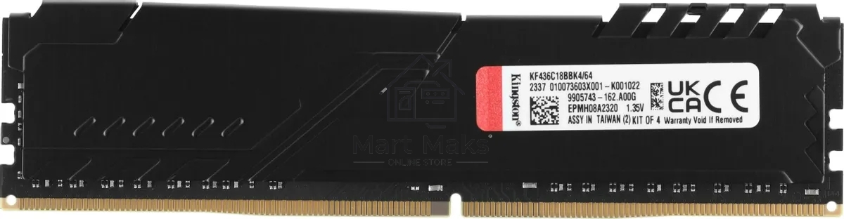 Оперативная память Kingston Fury Beast, DDR4, 64GB (4x16GB), 3600MHz, CL18, DIMM, радиатор, черный