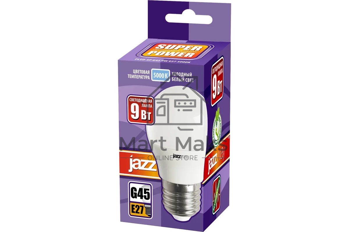 Лампа светодиодная JazzWay PLED-SP G45 9Вт шар 5000К холодный белый E27 820лм 230В