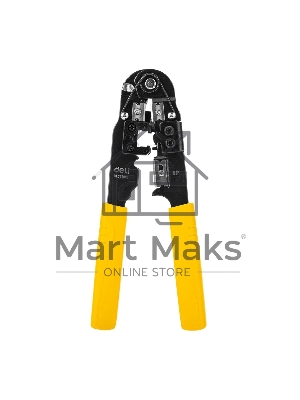 Обжимные клещи Deli DL381008 RJ45 Размер: 205мм. Спецификация обжима: 8P. Холоднокатаный стальной лист с черной отделкой, ручка из ПВХ. Лезвие SK5. Инструмент для зачистки проводов, кусачки и обжимной инструмент 3-в-1.