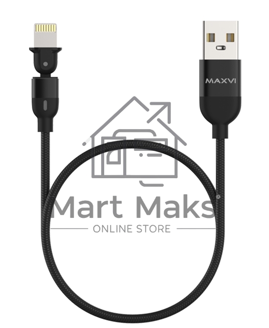 Кабель Maxvi MC-19L black, USB-A - Lightning, 2.4A, LED ток макс. нагрузки 2.4А, макс. напряжение 5V; стандарт USB 2.0; длина кабеля 1.5м, нейлоновая оплетка, металлические корпуса разъемов,LED подсветка, цвет: черный