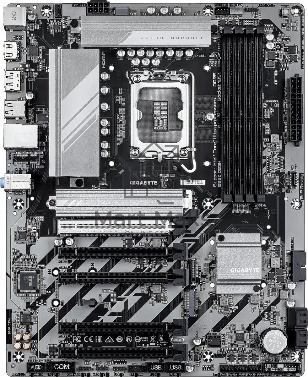 Материнская плата Gigabyte B860 DS3H, LGA1851, Intel B860, 4xDDR5, 4xSATA, 2xM.2, 1xPCIe 5.0 x16, 4xPCIe 4.0 x16, 1xHDMI, 1xDisplayPort, 1x 2.5Gb LAN, 1xUSB 3.2 Gen 2x2 Type-C, 1xUSB 3.2 Gen 2, 4xUSB 2.0, 3x3.5 мм, 7.1, ATX
