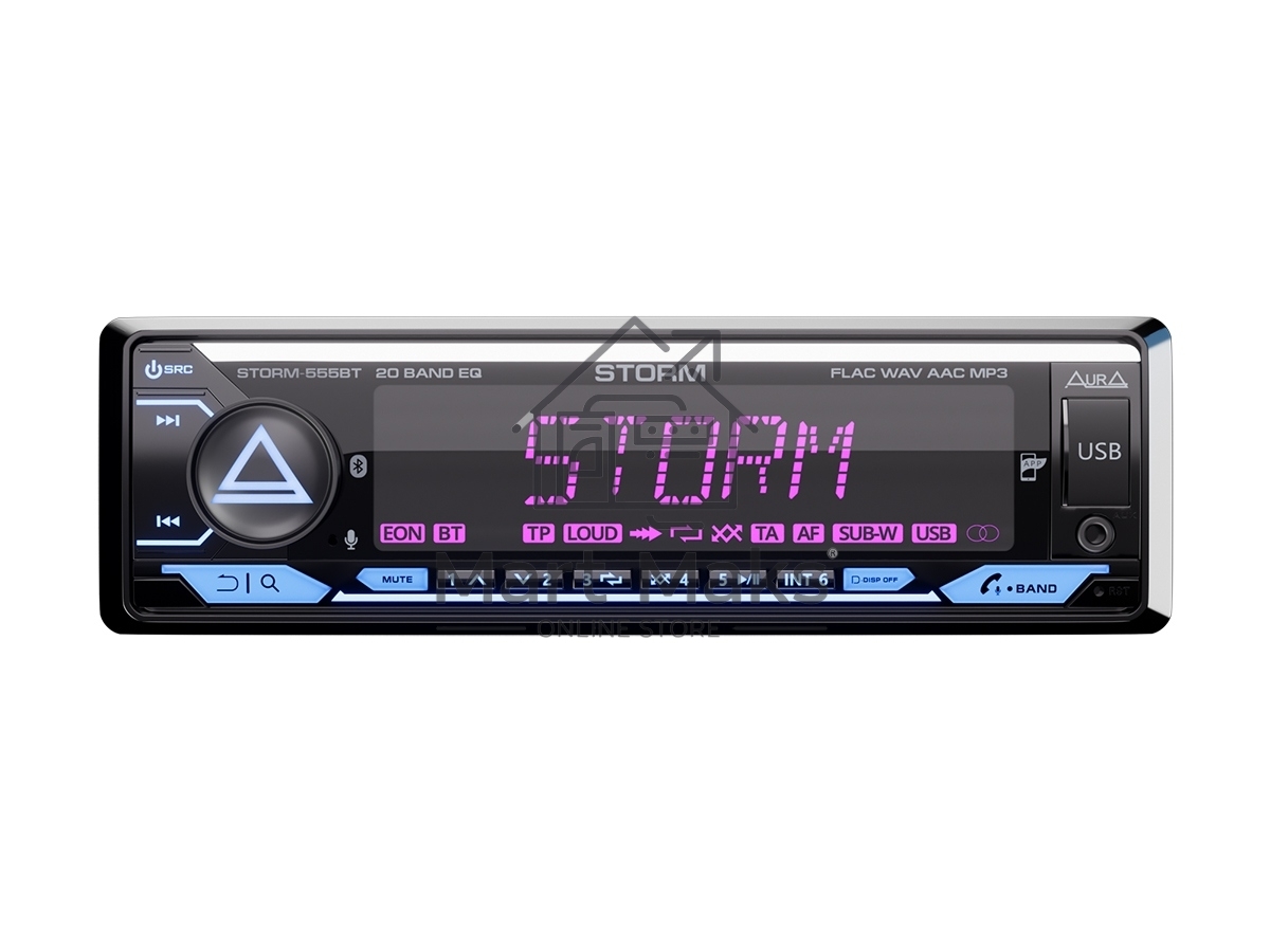 Автомагнитола AURA STORM-555BT, 1 DIN, Bluetooth, USB Type-A, пульт ДУ