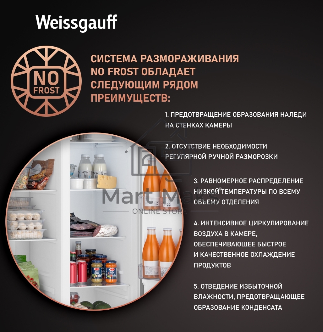 Холодильник Weissgauff WSBS 500 Inverter NoFrost Black двухкамерный 270/180л морозилка слева, No Frost, Side by Side