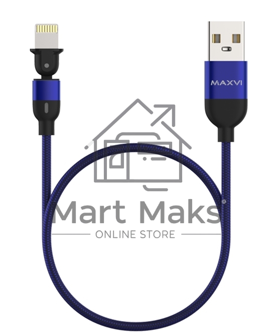 Кабель Maxvi MC-19L blue, USB-A - Lightning, 2.4A, LED ток макс. нагрузки 2.4А, макс. напряжение 5V; стандарт USB 2.0; длина кабеля 1.5м, нейлоновая оплетка, металлические корпуса разъемов,LED подсветка, цвет: синий