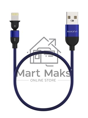 Кабель Maxvi MC-19L blue, USB-A - Lightning, 2.4A, LED ток макс. нагрузки 2.4А, макс. напряжение 5V; стандарт USB 2.0; длина кабеля 1.5м, нейлоновая оплетка, металлические корпуса разъемов,LED подсветка, цвет: синий