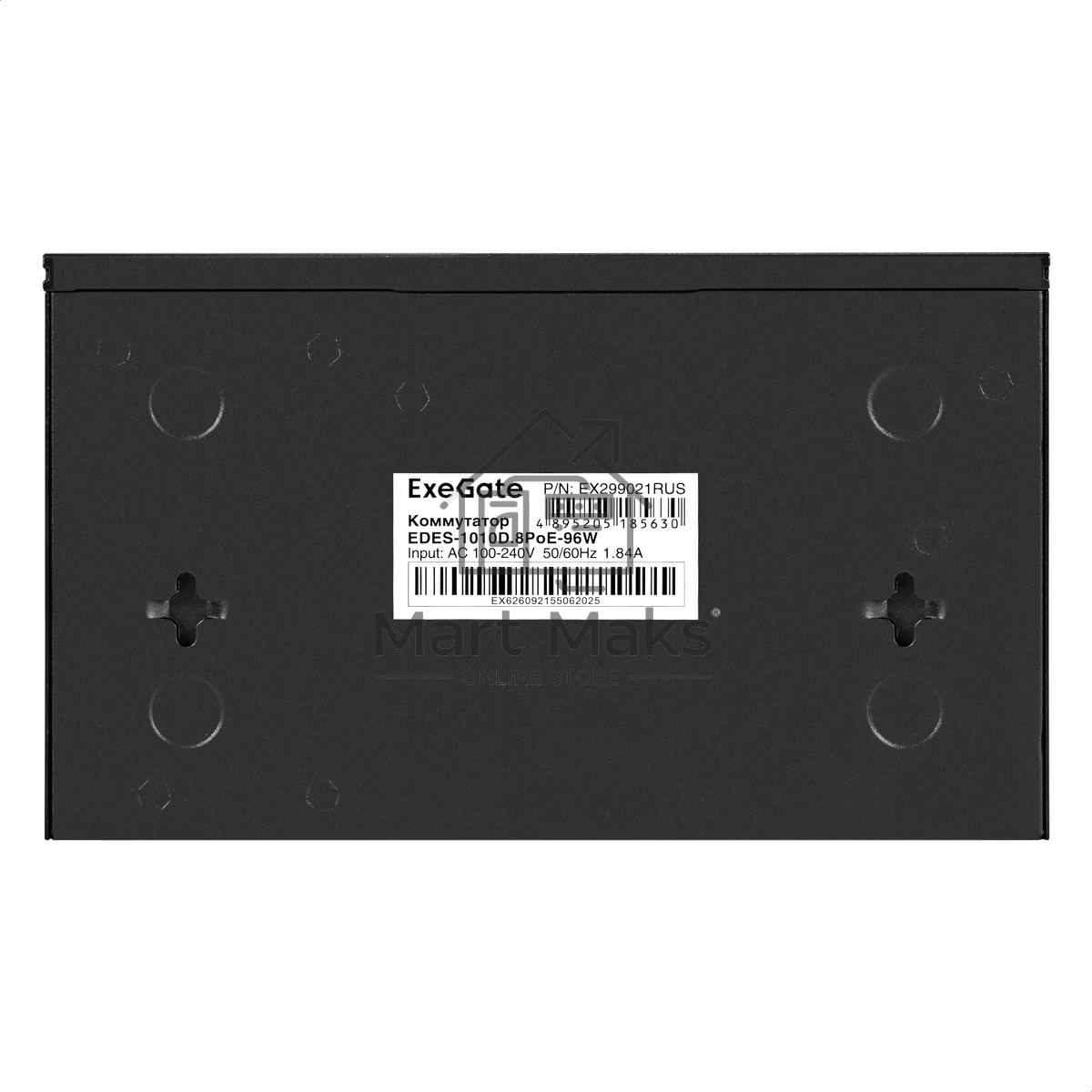 Коммутатор неуправляемый ExeGate EDES-1010D.8PoE-96W (10-портовый UTP 10/100 Base-Tx: 8 портов IEEE 802.3af (PoE), мощность PoE: 25W, суммарно 96W, 2 порта RJ45 uplink, настенный/настольный, металлический корпус)