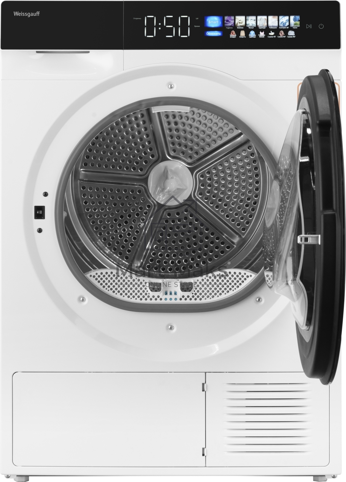 Сушильная машина Weissgauff WD 999 Heat Pump Full Touch белый/черный, 10 кг, сушка - тепловой насос, программ - 16, 60 x 85 x 62 см