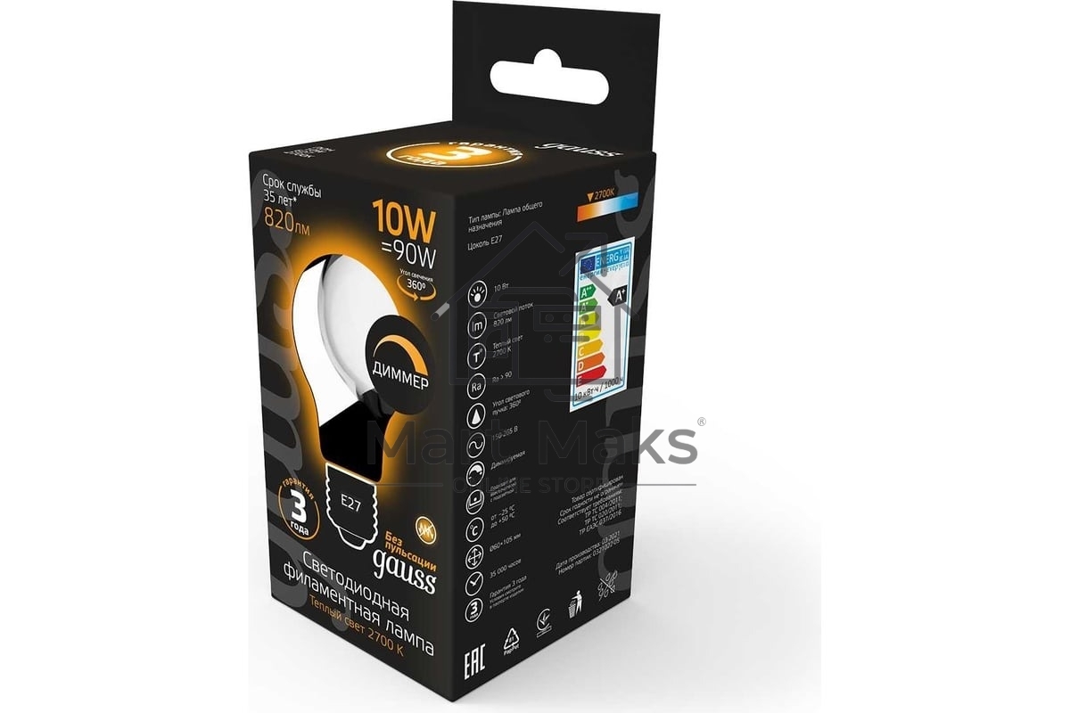 Светодиодная лампа LED GAUSS 102202110-D Filament A60 OPAL dimmable E27 10W 820lm 2700К 1/10/40