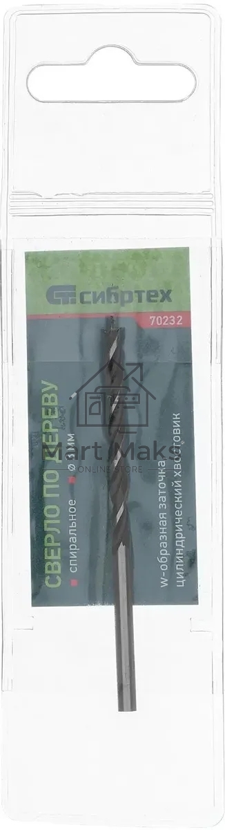Сверло Сибртех по дереву Д=3 мм Дл=60 мм (1 пред.) для дрелей