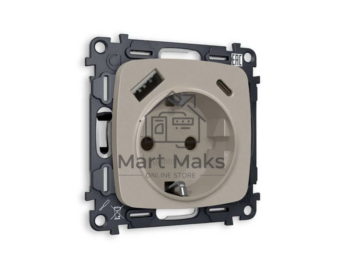 Комплект механизма электрической розетки OMEGA Серо-бежевый матовый 2USB A+C 20W (быстрая зарядка) с/з QUANT (OP3700, VM160) MO370010