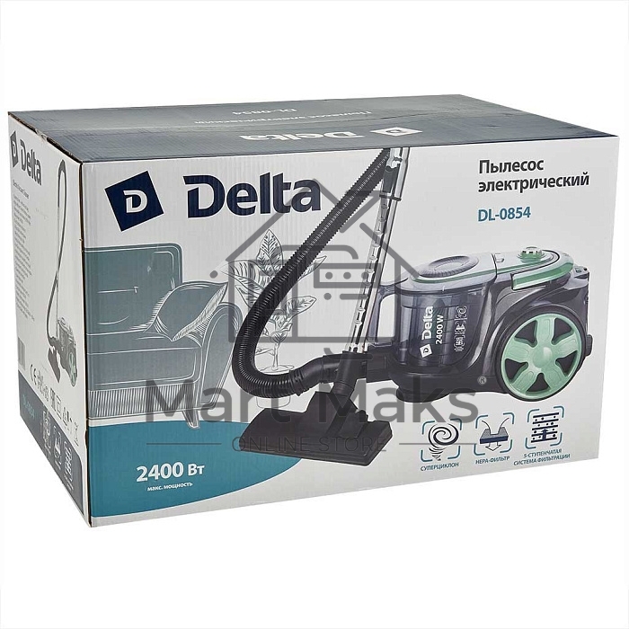 Пылесос Delta DL-0854 черный/зеленый, 300/2400 Вт, уборка сухая, пылесборник контейнер, 4 л