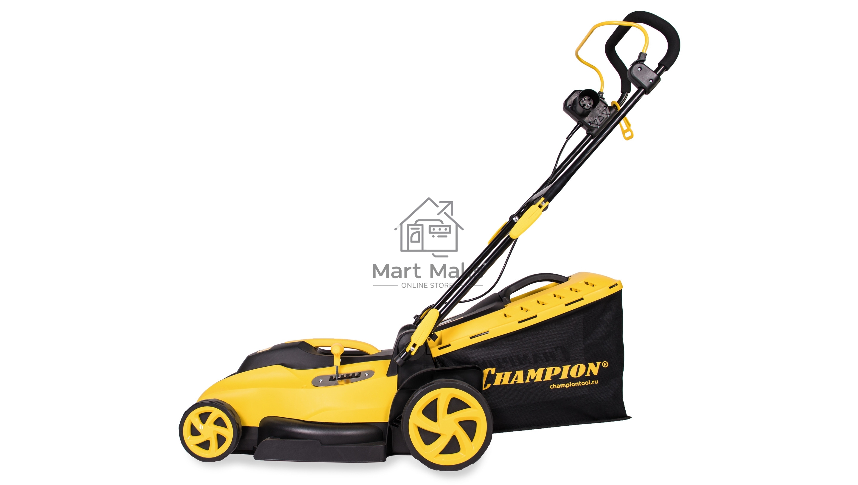 Газонокосилка электрическая Champion EM3815 1,6 кВт пласт+ткань травосб. 45л шир.380мм выс.20-70мм, 11,5кг