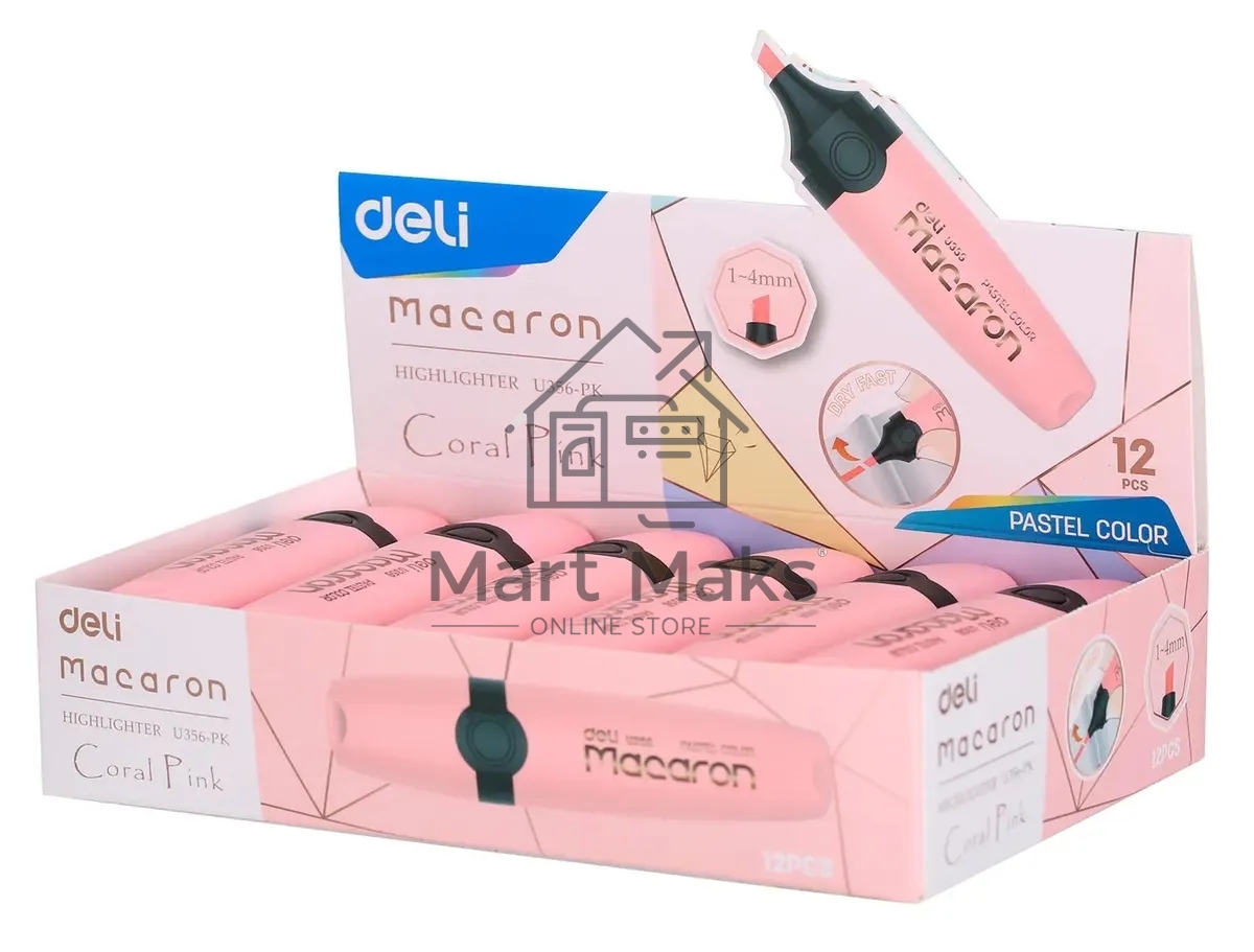 Текстовыделитель Deli EU356-PK Macaron, скошенный пишущий наконечник, 1-5мм, розовый пастельный