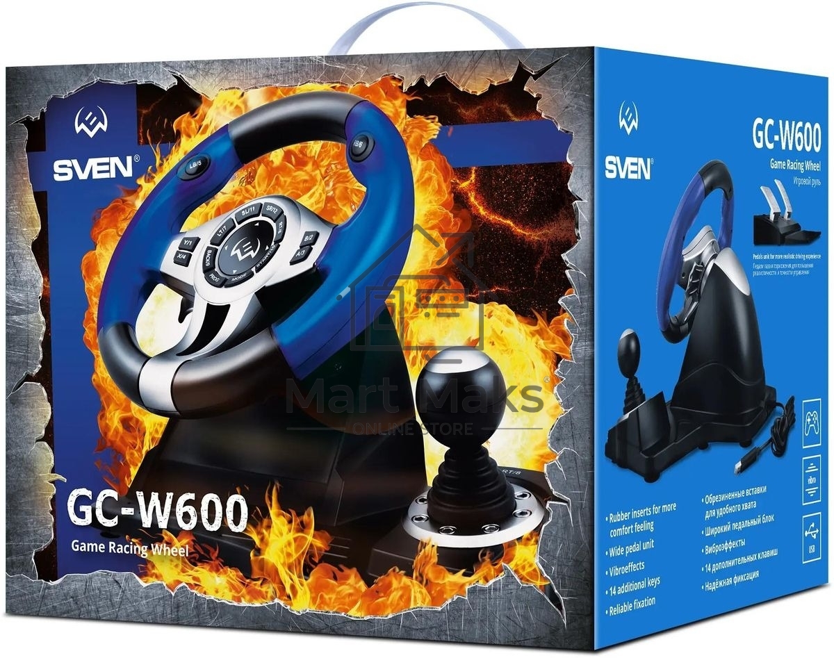 Руль черный SVEN GC-W600 (виброотдача, педали, джойстик, 12 кн., USB)